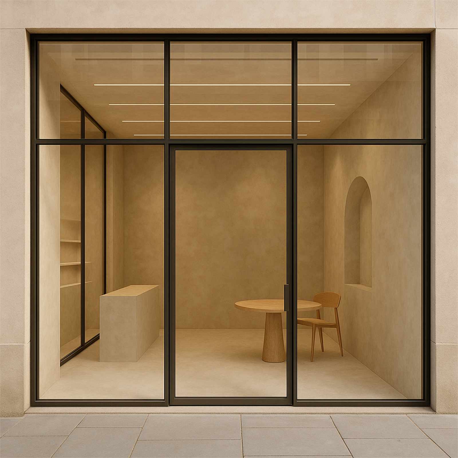 Glass-front TAN. studio from the street.