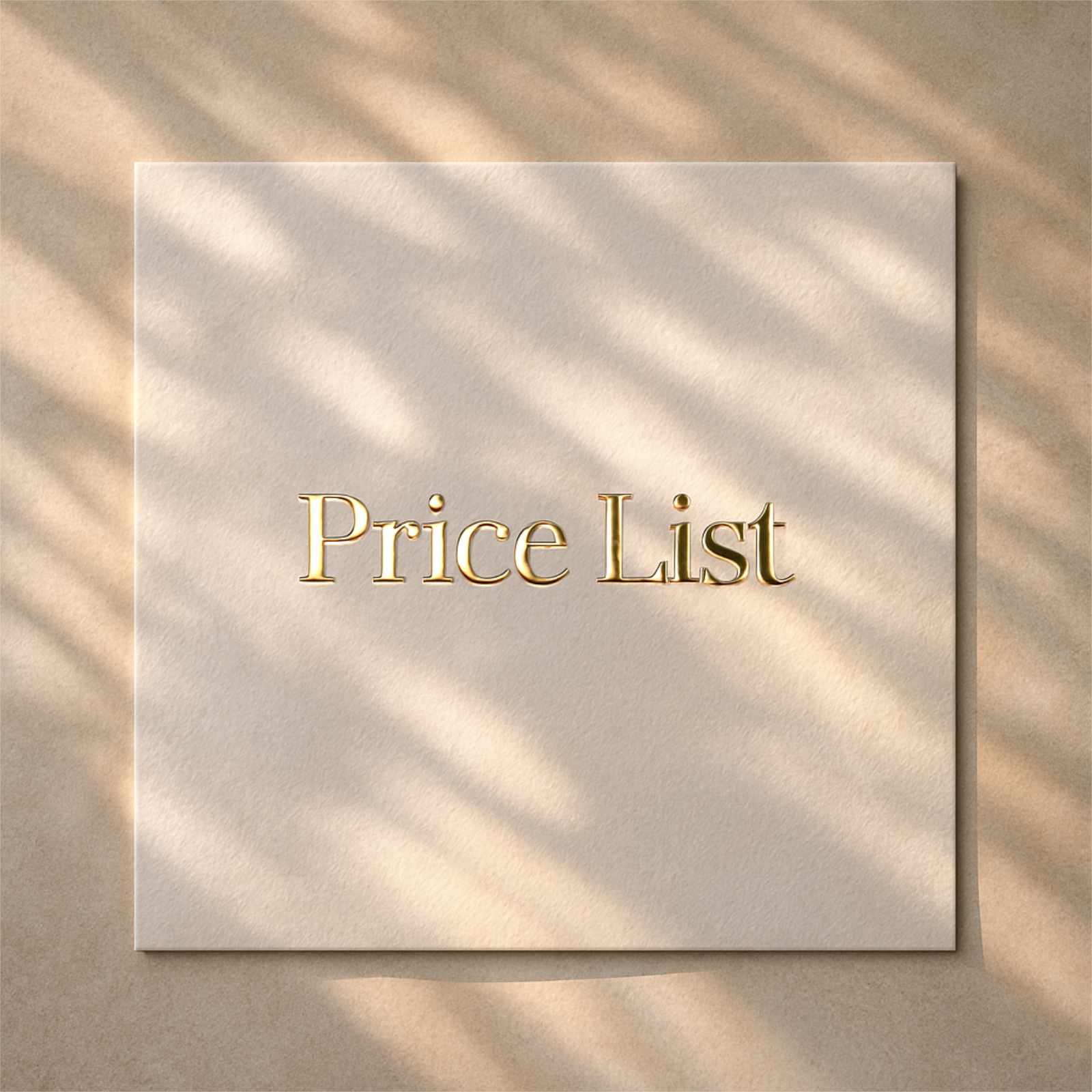 Pricing list displayed in warm TAN. branding.